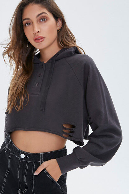 F21 Distressed Cropped Hoodie Forever 21 - Charcoal