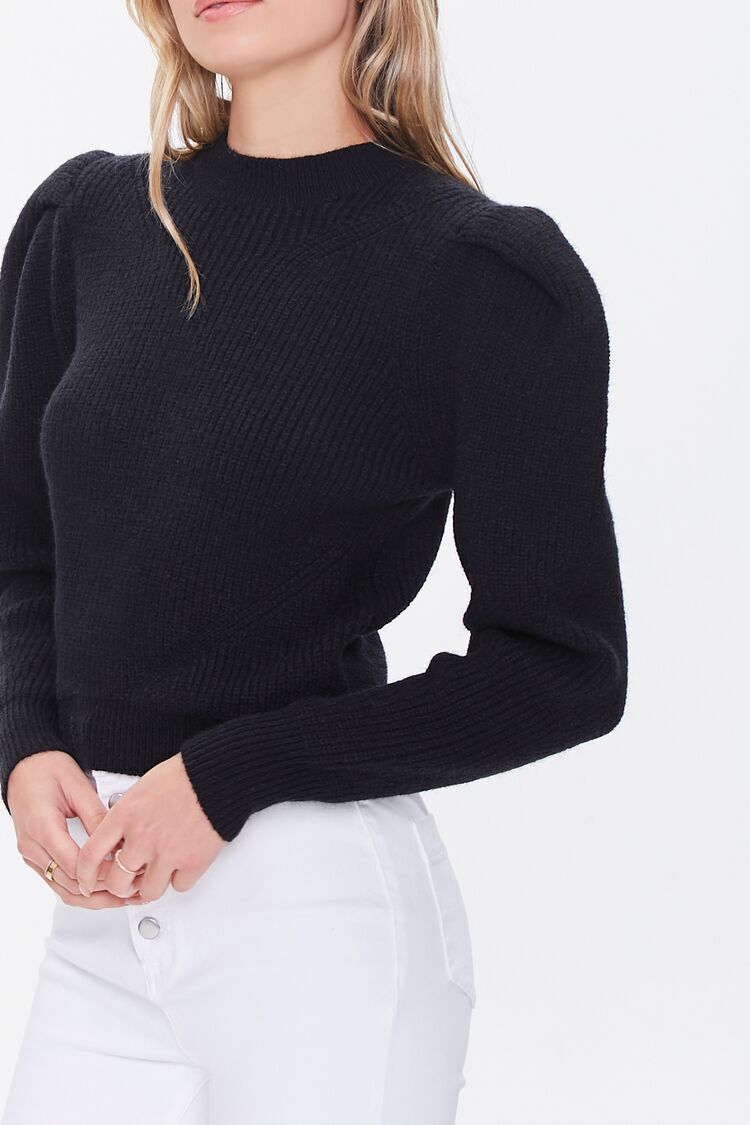 F21 Ribbed Puff-Sleeve Sweater - Black