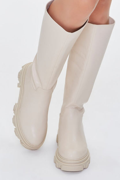 F21 Faux Leather Calf-High Boots Forever 21 - Cream