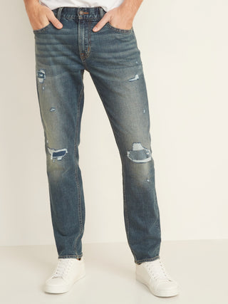 Slim Built-In Flex Distressed Jeans for Men Slim Fashion Dark Wash