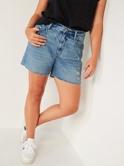 ON High-Waisted Slouchy Straight Ripped Cut-Off Jean Shorts For Women -- 5-Inch Inseam - Sandee