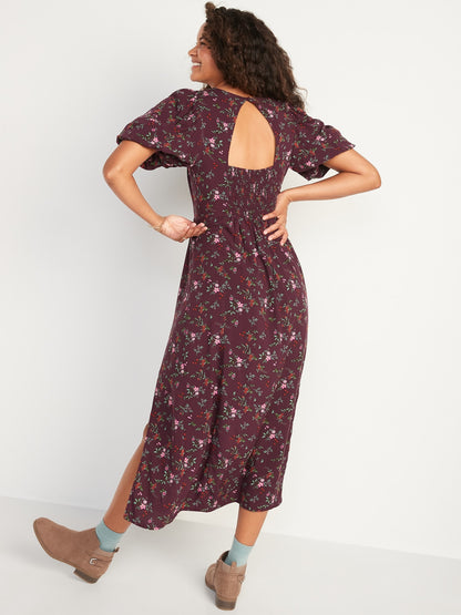 ON Puff-Sleeve Floral Maxi Shift Dress For Women Purple Floral