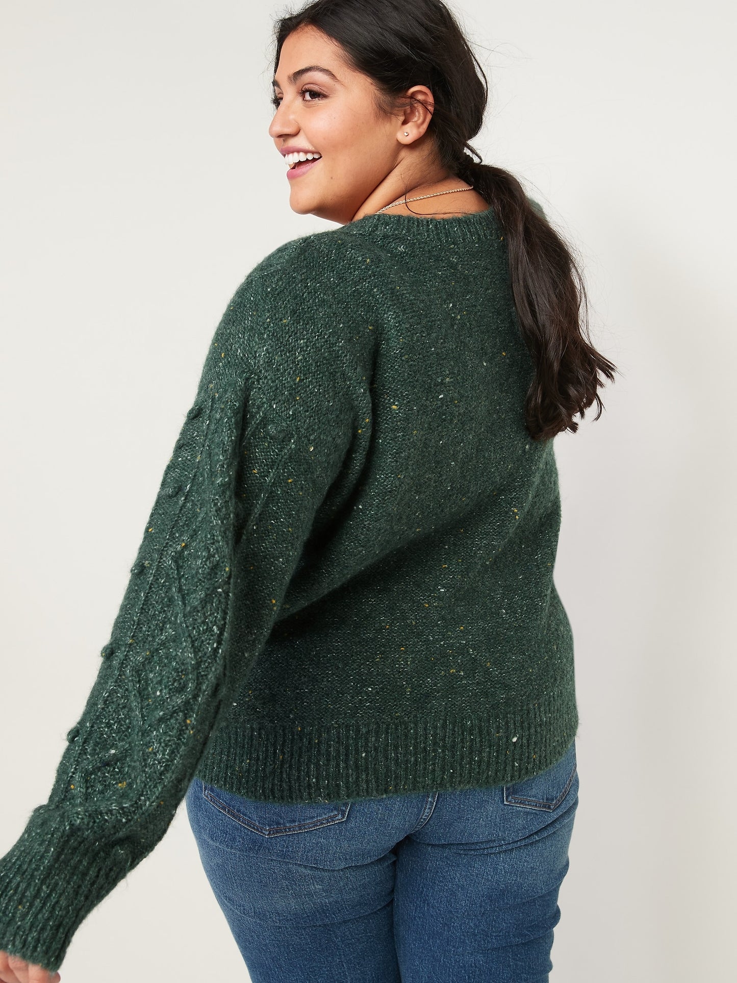 ON Speckled Cable-Knit Popcorn Sweater For Women - Dark Green