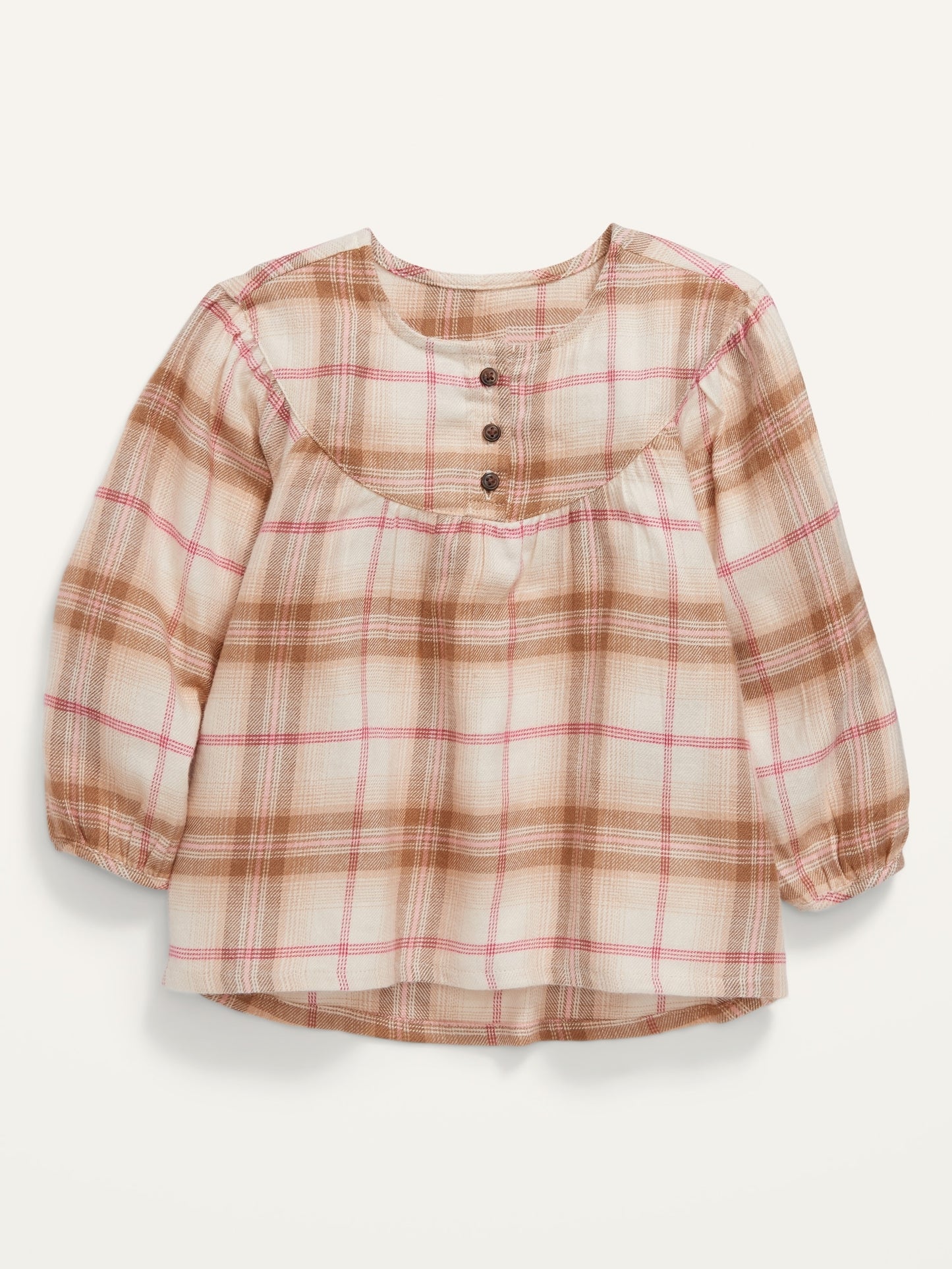 ON Plaid Flannel Babydoll Tunic Top For Toddler Girls - Neutral Plaid