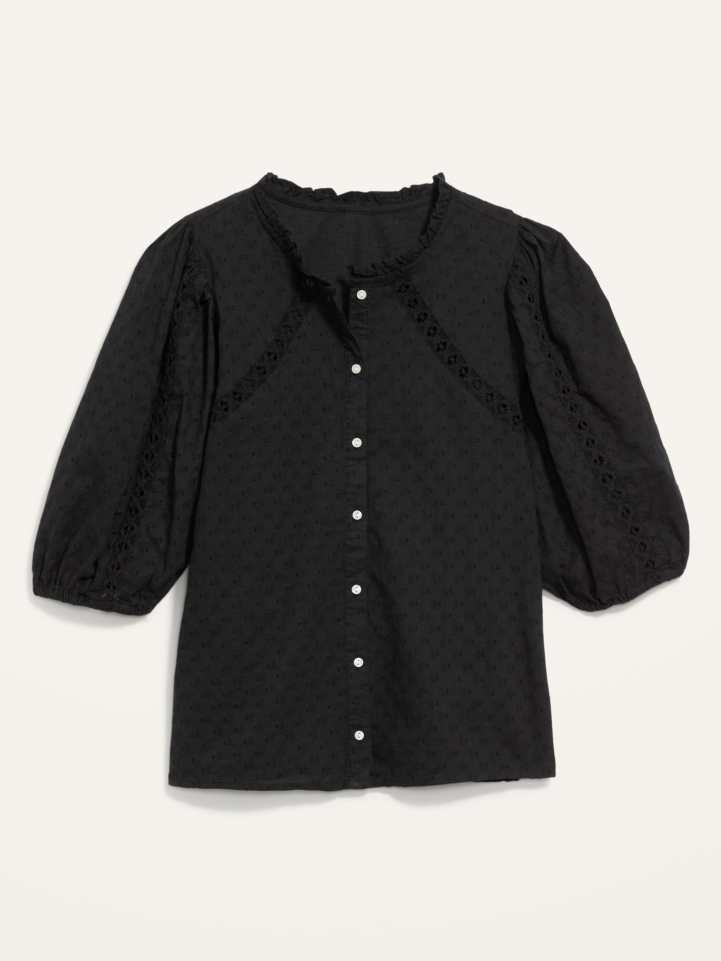 ON Puff-Sleeve Lace-Trim Clip-Dot Blouse For Women - Black Jack