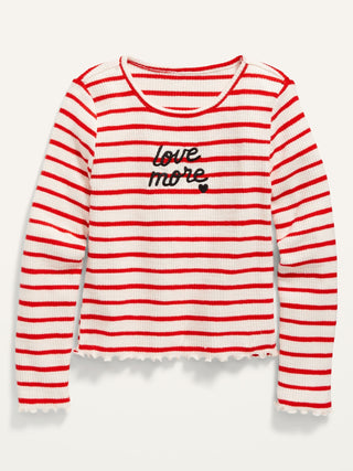 ON Cozy Rib-Knit Striped Graphic Cropped Long-Sleeve Top For Girls - Red Stripe (Love More)