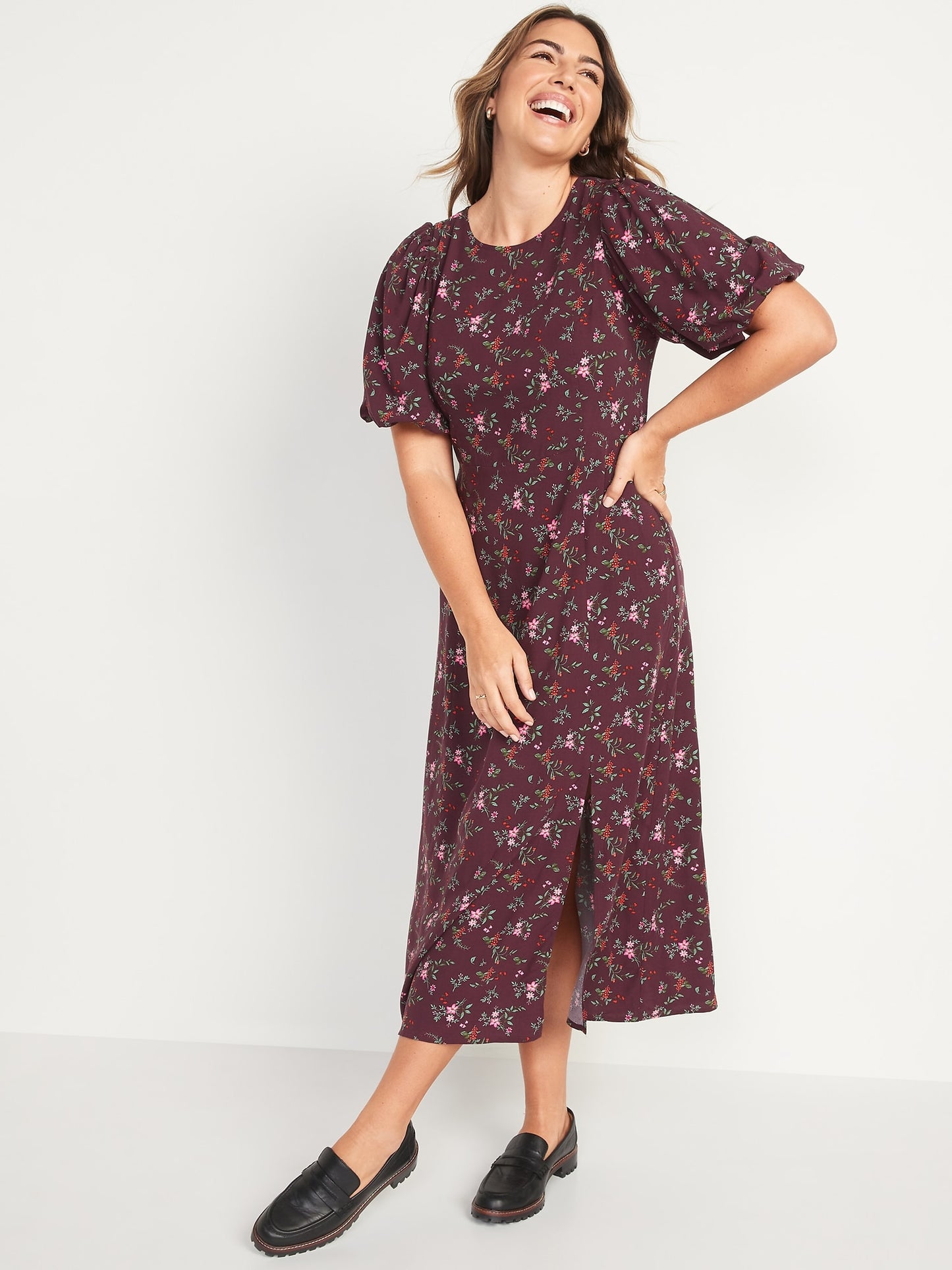 ON Puff-Sleeve Floral Maxi Shift Dress For Women Purple Floral