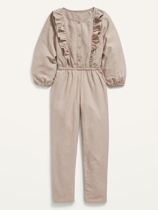 Ruffled Long-Sleeve Button-Front Jumpsuit for Girls