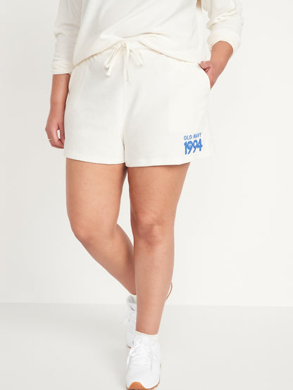 ON Vintage Extra High-Waisted Logo-Graphic Loop Terry Shorts For Women -- 3-Inch Inseam - Creme De La Creme