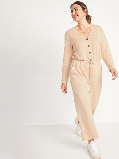 Long-Sleeve Cropped French-Terry Utility Jumpsuit for Women