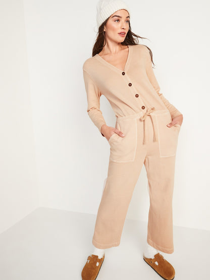 Long-Sleeve Cropped French-Terry Utility Jumpsuit for Women