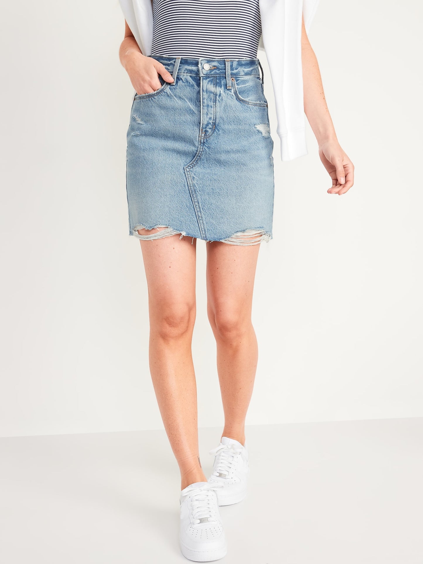 High-Waisted Button-Fly O.G. Straight Non-Stretch Cut-Off Jean Mini Skirt for Women Hr Mini Skirt Rigid Light Destroy Alma