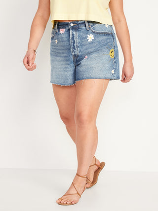 Higher High-Waisted Button-Fly Sky-Hi A-Line Patchwork Cut-Off Non-Stretch Jean Shorts for Women -- 3-inch inseam