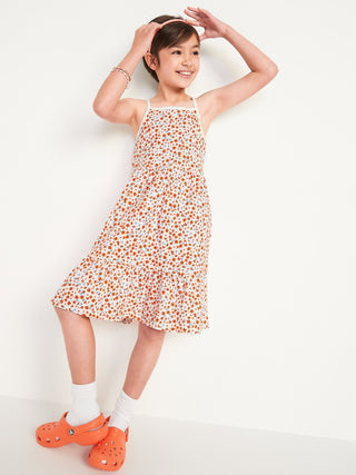 Printed Jersey-Knit Fit & Flare Cami Dress for Girls Y K Sl 175G Edm Tiered Cami Dress Cream Floral