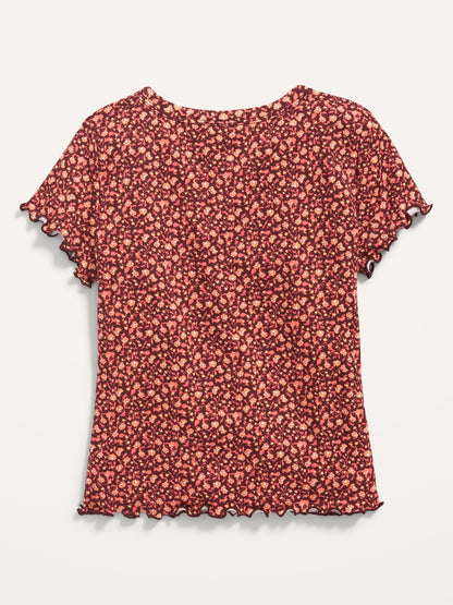 Printed Short-Sleeve Rib-Knit Lettuce-Edge T-Shirt for Girls