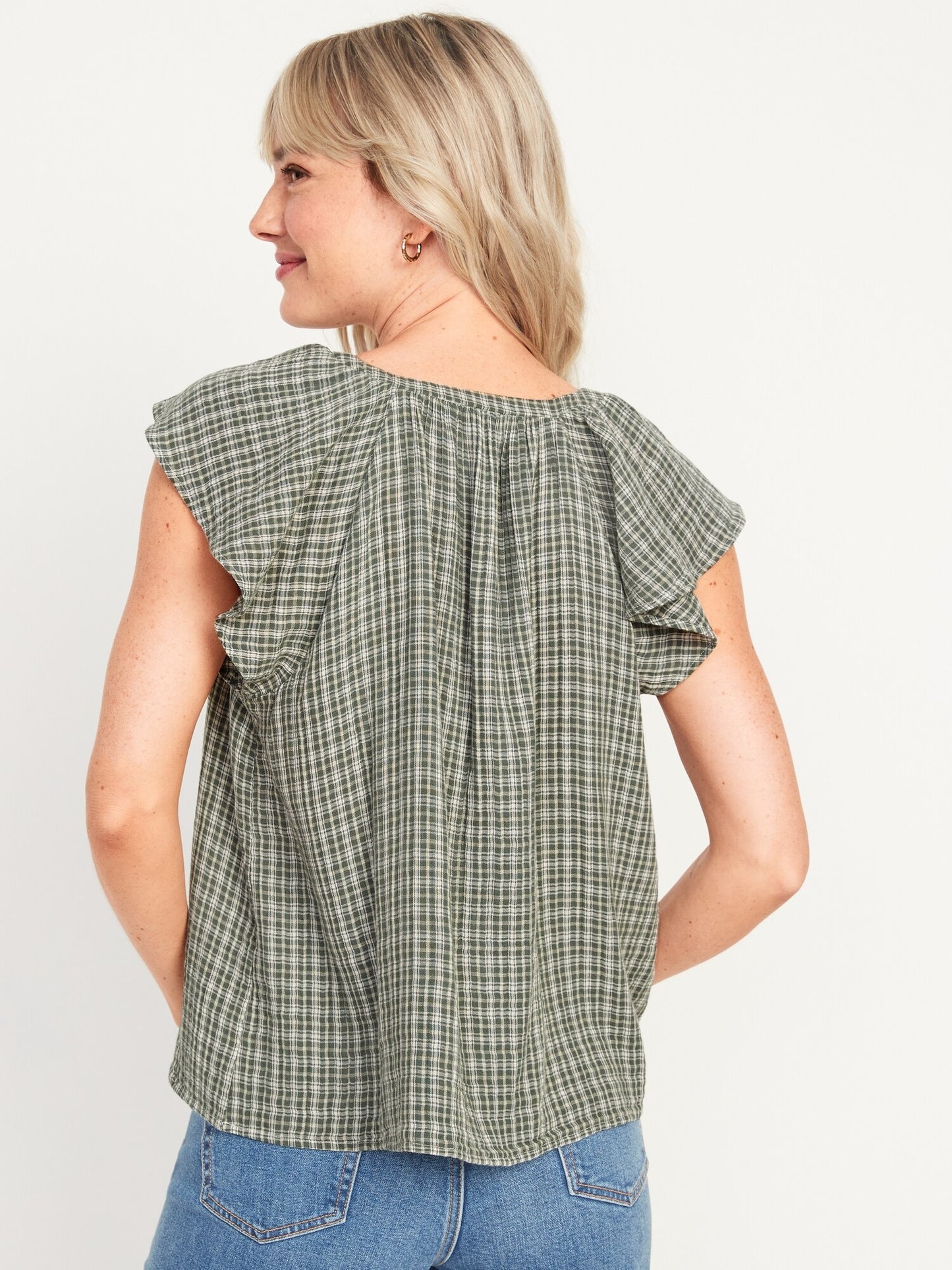 Loose Check-Pattern Flutter-Sleeve Top for Women