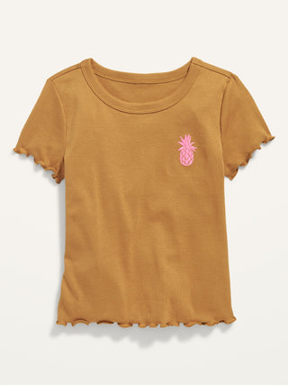 Short-Sleeve Rib-Knit Lettuce-Edge Graphic T-Shirt for Girls