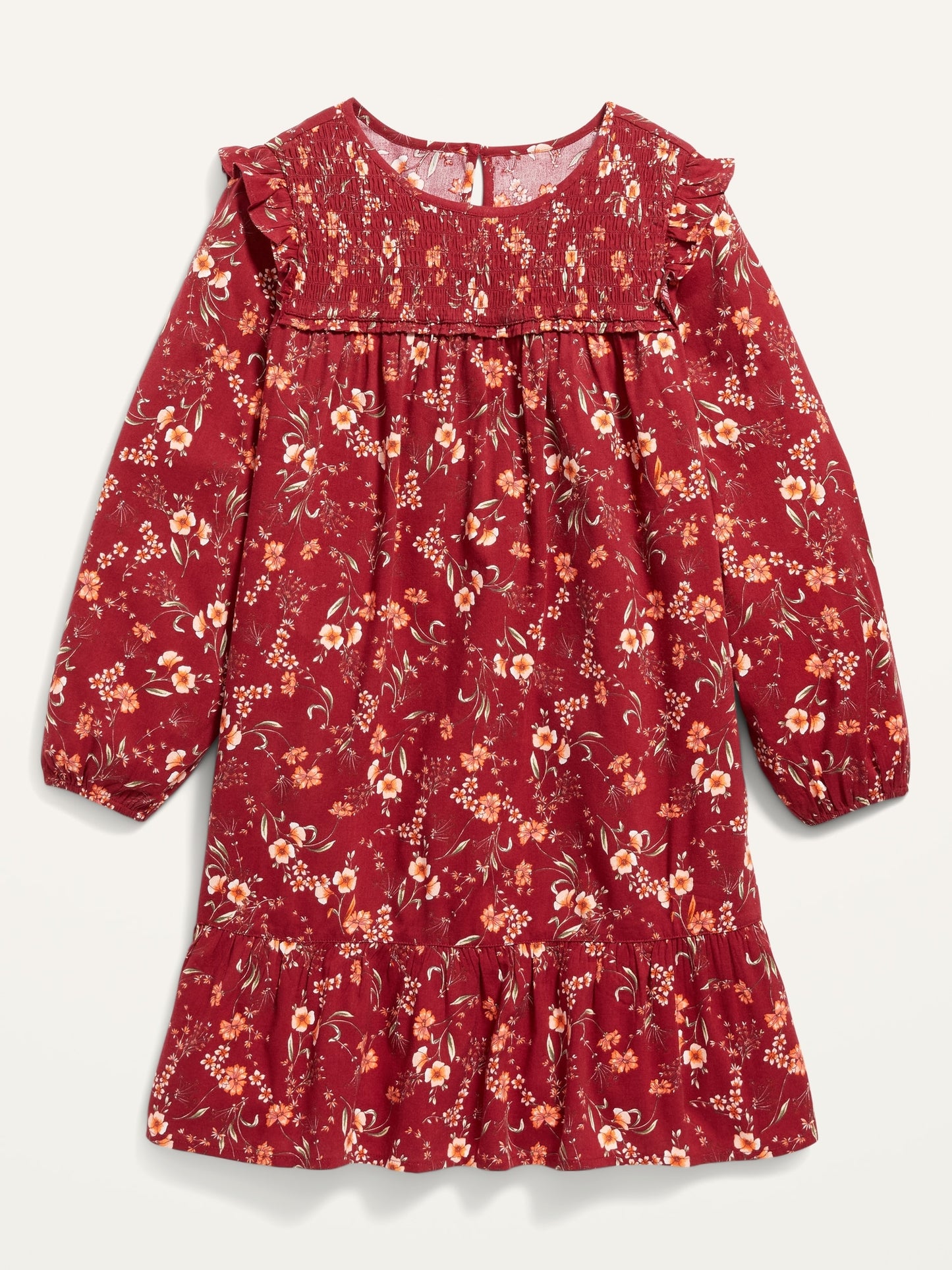 Smocked-Ruffle Long-Sleeve Floral Knee-Length Dress for Girls