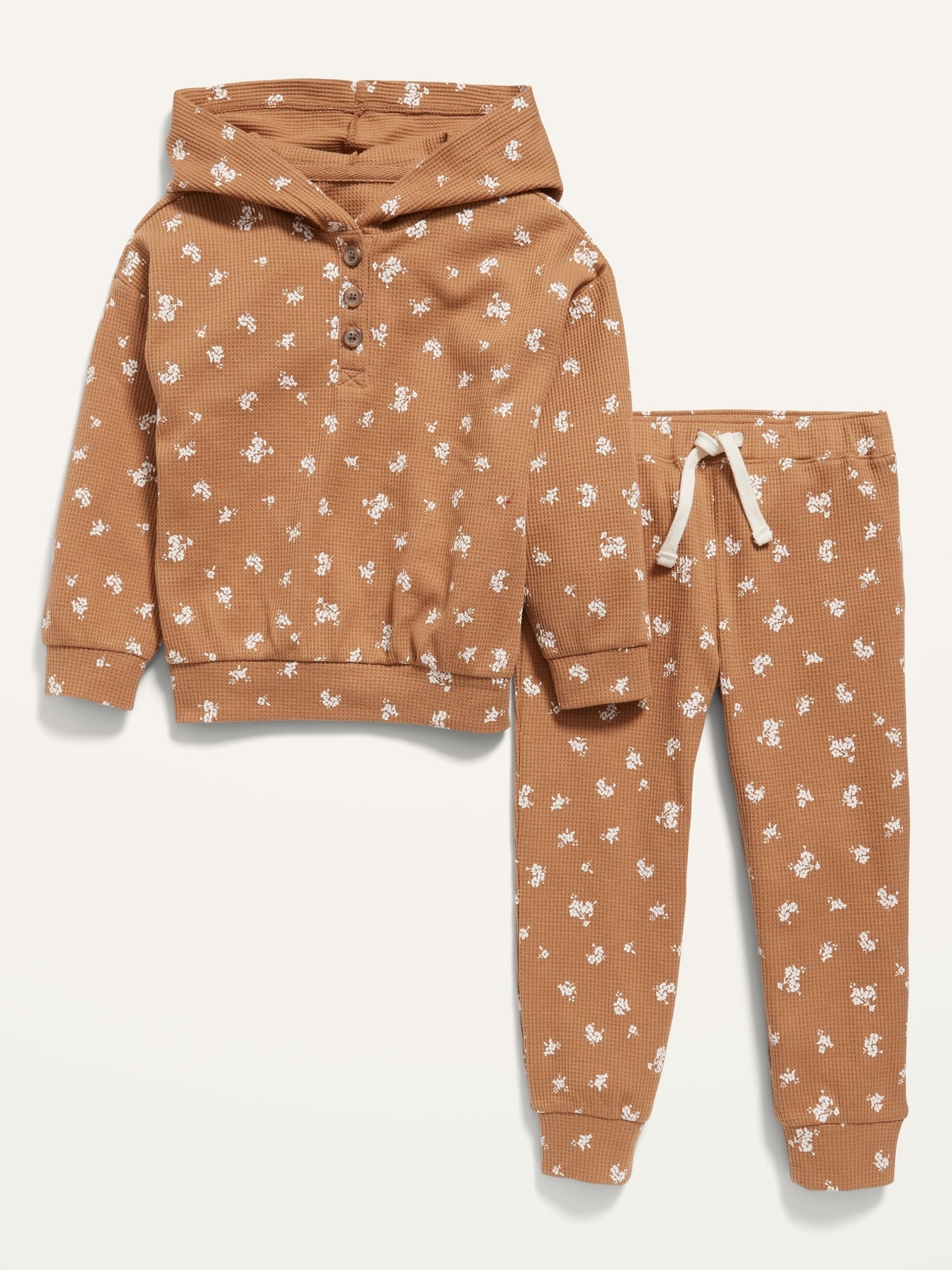 Thermal-Knit Henley Hoodie and Sweatpants Set for Toddler Girls