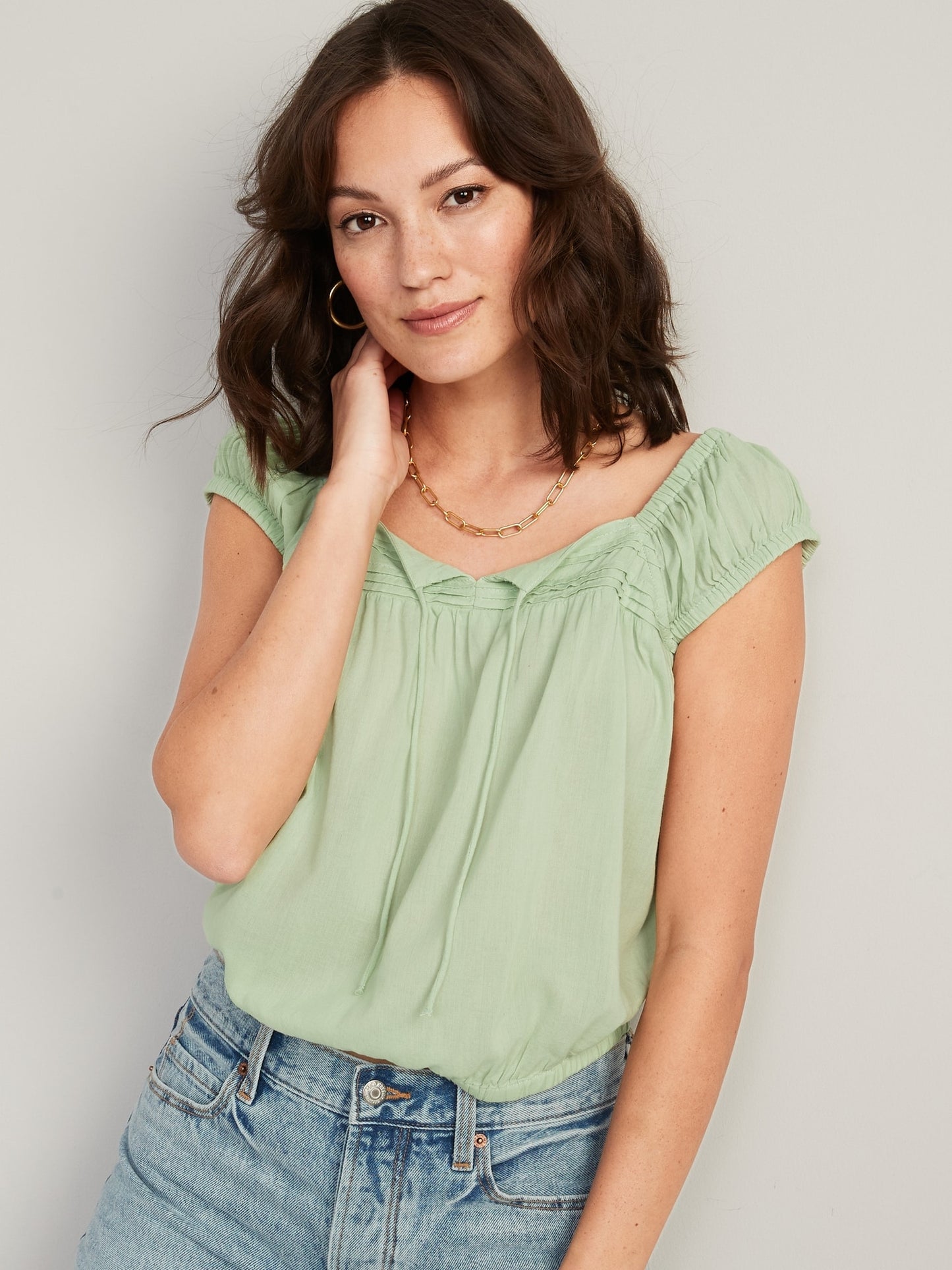 Cap-Sleeve Cropped Pintucked Poet Blouse for Women