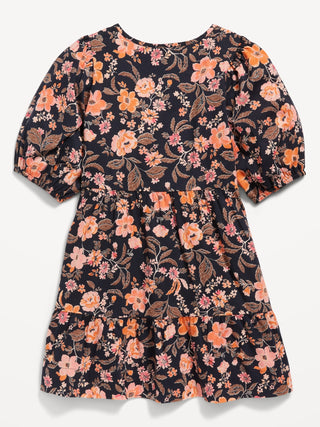Puff-Sleeve Tiered Floral-Print Swing Dress for Girls