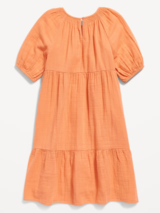 Crepe Puff-Sleeve Tiered Knee-Length Dress for Girls