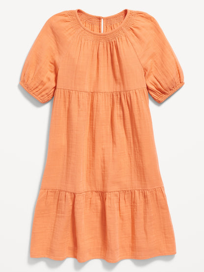 Crepe Puff-Sleeve Tiered Knee-Length Dress for Girls