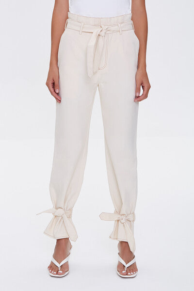 F21 Paperbag Ankle-Tie Pants Forever 21 - Cream/Mocha
